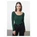 Trendyol Emerald Green Square Neck Long Sleeve Ribbed Stretchy Snap Fastener Knitted Bodysuit