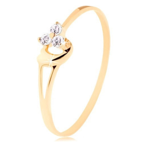 Prsten ze žlutého 14K zlata - tři diamanty v jemném růžovém odstínu, srdíčko Šperky eshop