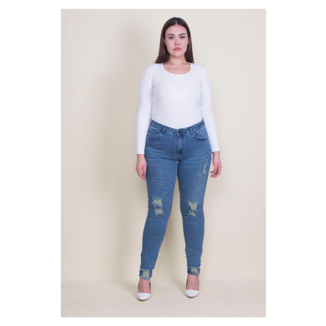 Şans Women's Plus Size Blue Ripped Detailed Lycra Denim Skinny Pants