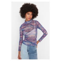 Trendyol Purple Patterned Stand-Up Collar Tulle Knitted Blouse