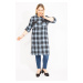 Şans Women's Plus Size Blue Check Patterned Tunic Dress with Front Buttons and Faux Leather with