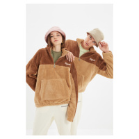 Trendyol Camel Unisex Oversize / Wide-Fit High Neck Color Block Teplá plyšová mikina s minimální