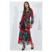 Bigdart Women's Red Green Patterned Chiffon Dress 2134