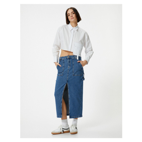 Koton Long Denim Skirt Front Slit Detailed Pocket Cotton