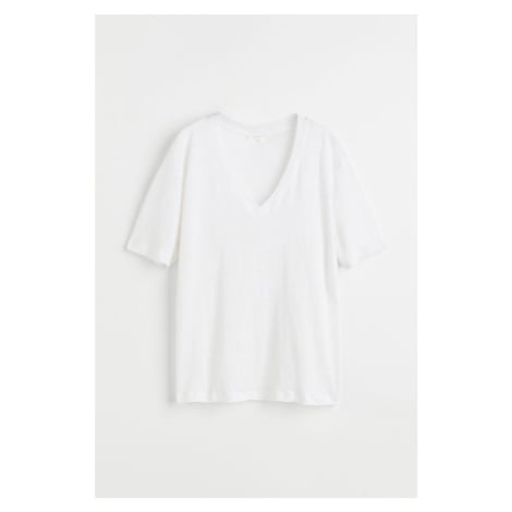 H & M - Tričko z lněného žerzeje's výstřihem do V - bílá H&M