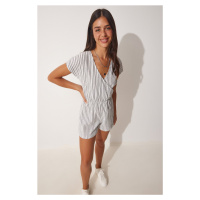 Happiness İstanbul Women's White Knitted Jumpsuit with Wrapover Collar