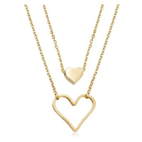 Ocelový náhrdelník zlaté barvy, malé plné srdíčko, velký obrys srdce, dva řetízky