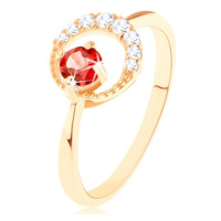 Zlatý prsten 585 - zirkonový srpek měsíce, kulatý červený granát