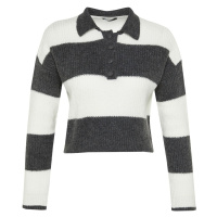 Trendyol Anthracite Crop Měkký texturovaný pletený svetr s barevným blokem