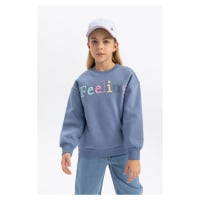 DEFACTO Girls' Crew Neck Printed Soft Hairy Thick Sweatshirt