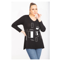 Şans Women's Plus Size Black V-neck Tunic With Stones And Print Detail