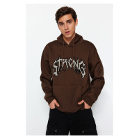 Trendyol Brown Hooded Oversize/Wide Cut Fleece Inside/Warm Text Embroidery Sweatshirt