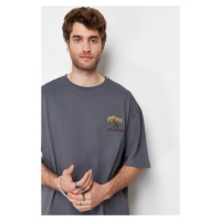 Trendyol Anthracite Oversize Tropical Embroidery 100% Cotton T-Shirt