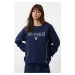 Trendyol Navy Blue Slogan Printed Oversize/Wide Fit Thick Inside Fleece Knitted Sweatshirt