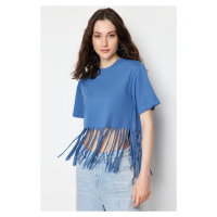 Trendyol Indigo 100% Cotton Tassel Detailed Knitted T-Shirt
