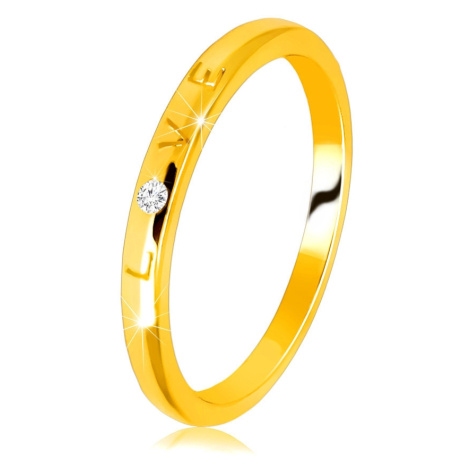 Obroučka ve žlutém 9K zlatě - nápis "LOVE" se zirkonem, hladký povrch, 1,5 mm Šperky eshop