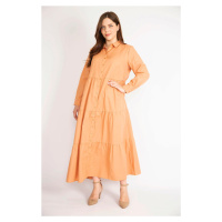 Şans Women's Orange Plus Size Front Buttoned Tiered Long Sleeve Dress
