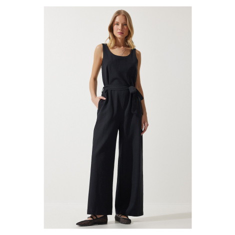 Happiness İstanbul Women's Black Belted Linen Jumpsuit