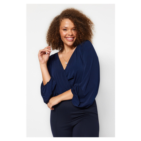 Trendyol Curve Navy Blue Balloon Sleeve Double Breasted Collar Knitted Blouse