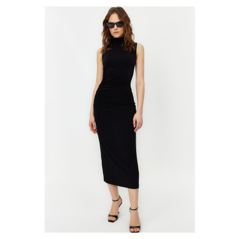 Trendyol Black Zero Sleeve Draped Bodycone/Fitted Maxi Stretchy Knitted Maxi Dress