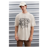 GRIMELANGE Trae Men's Regular Fit 100% Cotton Printed Reverse Beige T-shirt