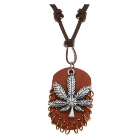 Náhrdelník z umělé kůže, přívěsky - list marihuany a hnědý ovál s kroužky, různé barvy Šperky eshop