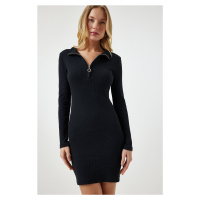 Happiness İstanbul Women's Black Zipper High Neck Ribbed Knitted Dress