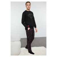 Trendyol Men's Black Regular Fit Printed Labeled Knitted Pajama Set