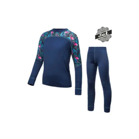 Sensor Merino Impress Set dětský triko dl.rukáv + spodky deep blue/floral modrá