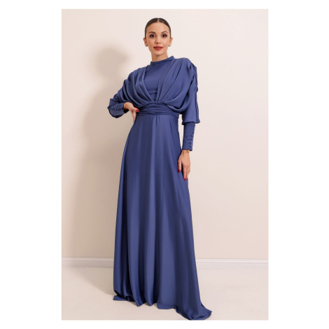 By Saygı Front Back Gathered Sleeves Button Detailed Lined Long Satin Dress