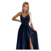 JULIET - Elegantní tmavě modré dlouhé dámské saténové šaty s výstřihem 512-2