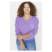 Trendyol Curve Purple Purple V-Neck Printed Thin Knitted Sweatshirt