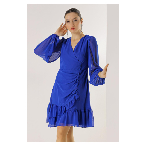 By Saygı Double Breasted Neck Lined Front Button Detailed Flounce Chiffon Dress