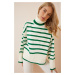 Happiness İstanbul Women's Bone Green Striped Turtleneck Oversized Knitwear Sweater