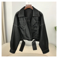Oversize kožená bunda s límečkem a prošíváním
