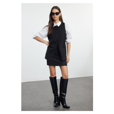 Trendyol Black Linen Look Woven Vest-Skirt Set