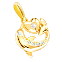 Diamantový přívěsek ze žlutého 375 zlata - skákající delfín, malé srdce, čiré brilianty