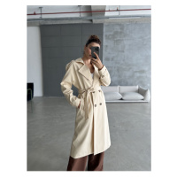 Laluvia Cream Button Detailed Long Trench Coat with a Belt