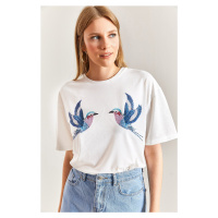 Bianco Lucci Women's Bird Patterned Combed Combed Cotton Tshirt
