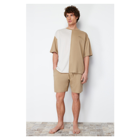 Trendyol Beige Color Block Oversize Printed Knitted Summer Shorts Pajamas Set