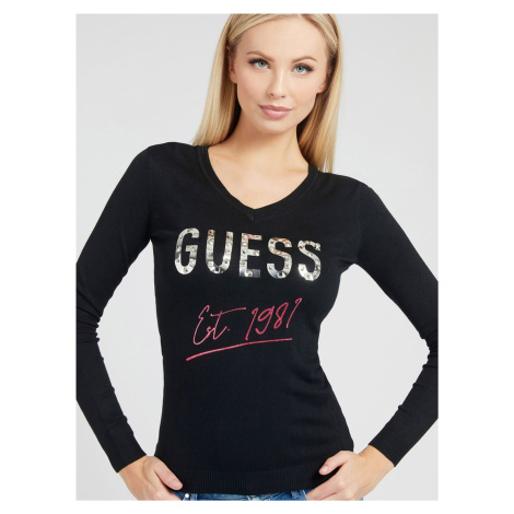 Černý dámský svetr s nápisem s ozdobnými detaily Guess Logo V Nec - Dámské