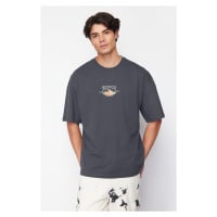 Trendyol Anthracite Oversize/Wide Cut Landscape Embroidered 100% Cotton T-Shirt