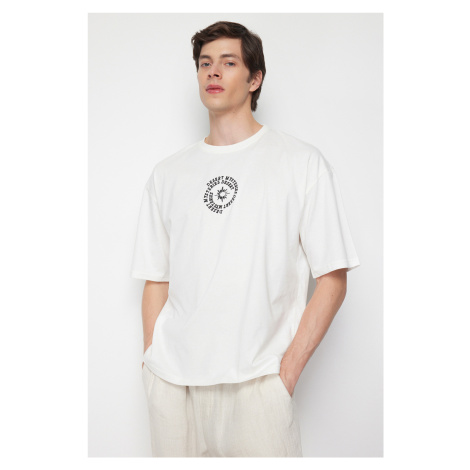 Trendyol Ecru Oversize/Wide Cut 100% Cotton T-shirt with Text Embroidery