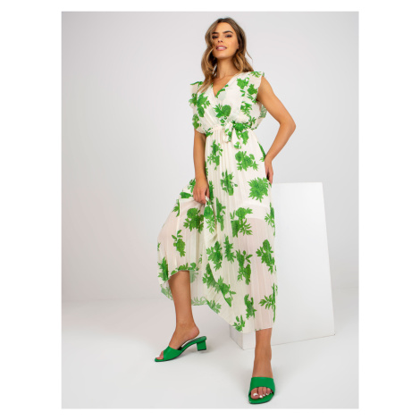 Dlouhé, béžové a zelené šaty s potisky a páskem Fashionhunters