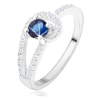 Stříbrný prsten 925, třpytivé linie čiré barvy, kulatý modrý zirkon