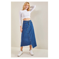 Bianco Lucci Women's Asymmetrical Tasseled Denim Skirt