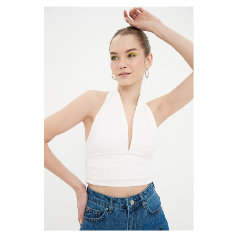 Trendyol Ecru Halterneck Knitted Blouse with Crop Fitted