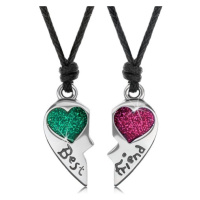 Šňůrkové náhrdelníky, rozpůlené srdce, zelené a růžové srdíčko, Best Friend