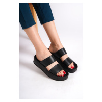 Capone Outfitters Capone Double Straps Colorful Detailed Wedge Heel Black Women's Slippers.