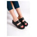 Capone Outfitters Capone Double Straps Colorful Detailed Wedge Heel Black Women's Slippers.